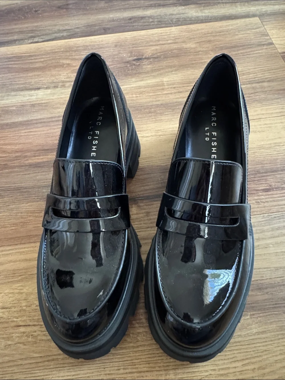 Marc Fisher Black Patent Chunky Penny Loafers